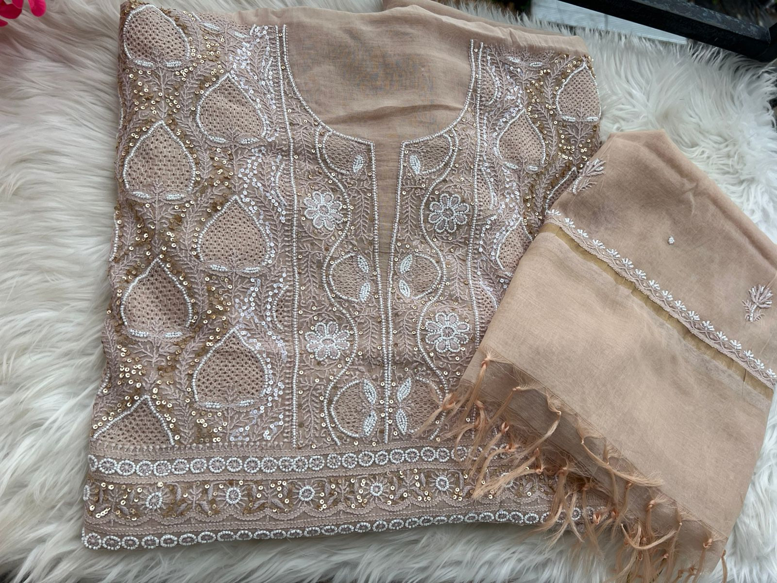 Mul Chanderi Lucknowi Chikankari Unstitched Suit with Hand Jaali & Sequin Work