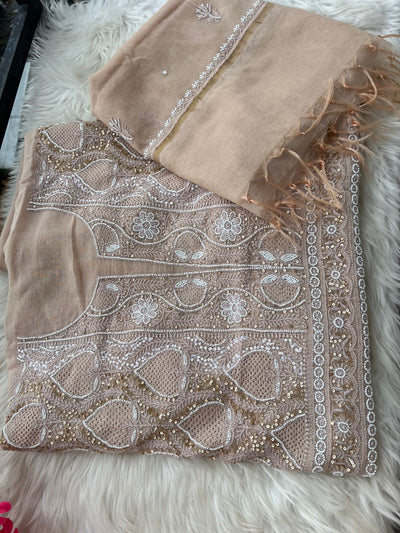 Mul Chanderi Lucknowi Chikankari Unstitched Suit with Hand Jaali & Sequin Work