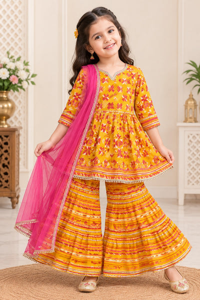 Girls Yellow Cotton Gathered Printed Kurta Sharara Suit Set