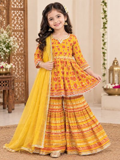 Girls Yellow Cotton Gathered Printed Kurta Sharara Suit Set