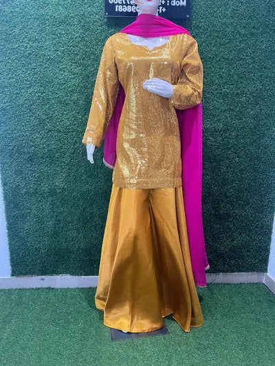 Sequin Kurta with Flared Palazzo & Lace-Detail Dupatta – 3-Piece Set