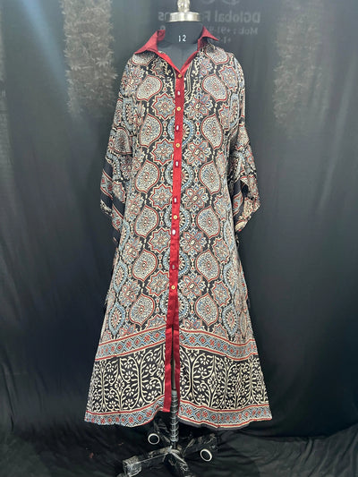 Hand Block Ajrakh Front Open Shrug Kaftan for Women