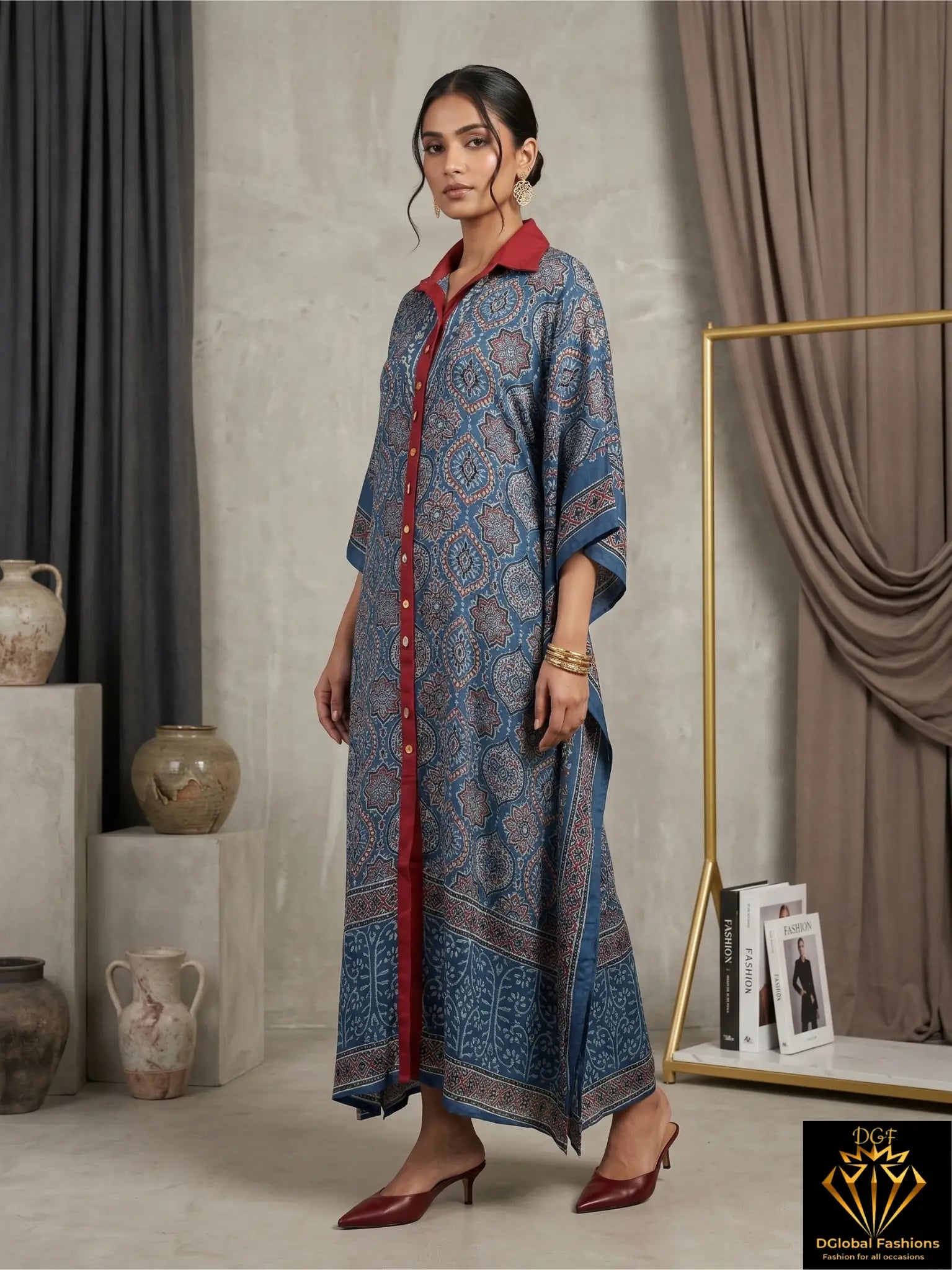 Hand Block Ajrakh Front Open Shrug Kaftan for Women