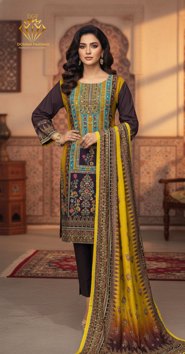 Muslin Real Mirror Work Printed 3 Piece Suit Set With Pant & Dupatta