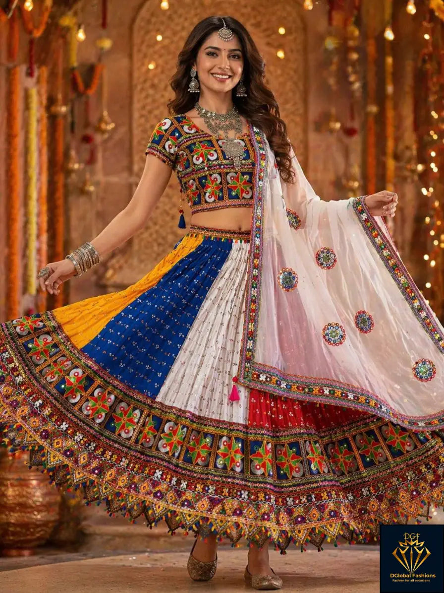 Multicolor Chaniya Choli with All-Over Mirror Work & Traditional Embroidery