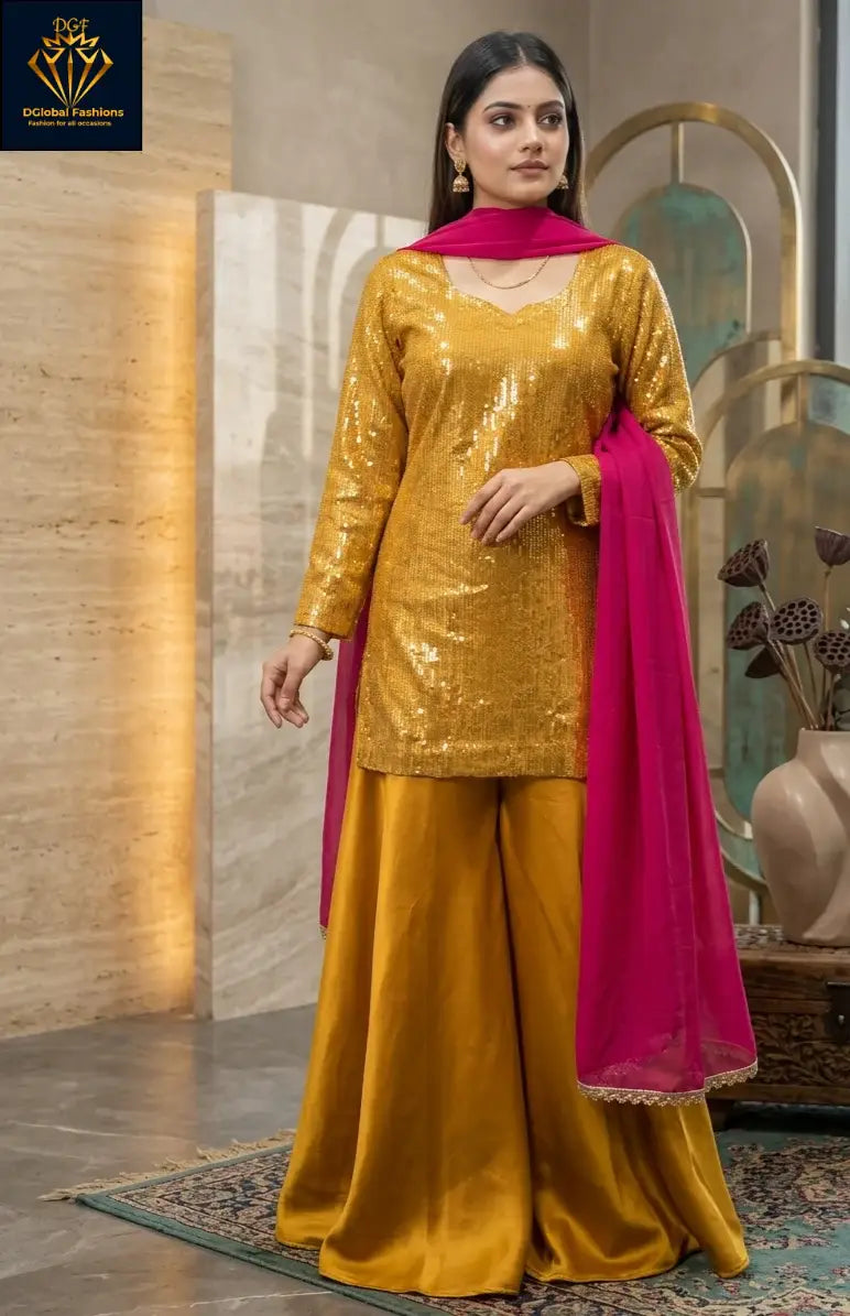 Sequin Kurta with Flared Palazzo & Lace-Detail Dupatta – 3-Piece Set