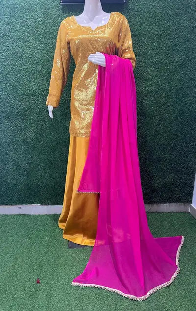 Sequin Kurta with Flared Palazzo & Lace-Detail Dupatta – 3-Piece Set