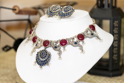 Mayuri silver necklace set with chand bali