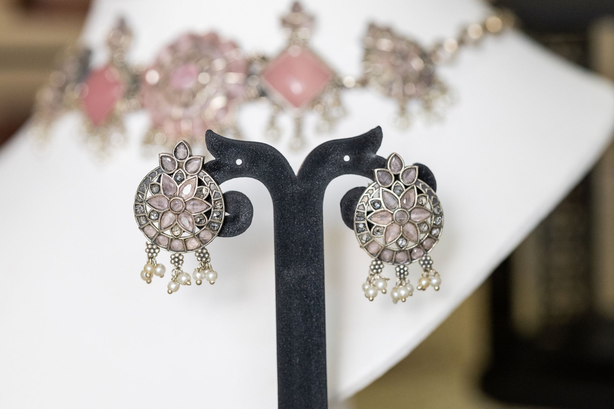 Harshima flower silver necklace with earrings set