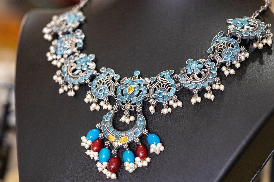 Rupali blue silver ethnic necklace set