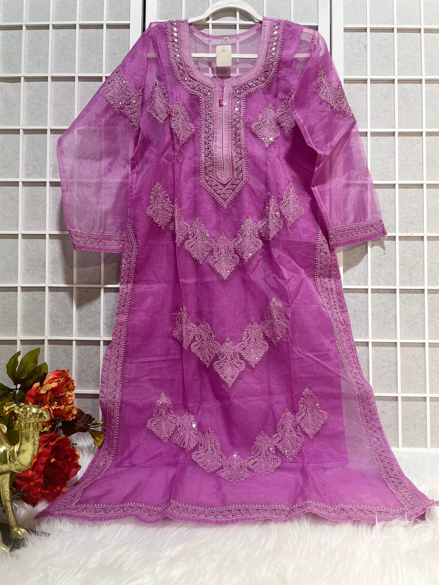 Pink lucknowi chikankari organza kurta