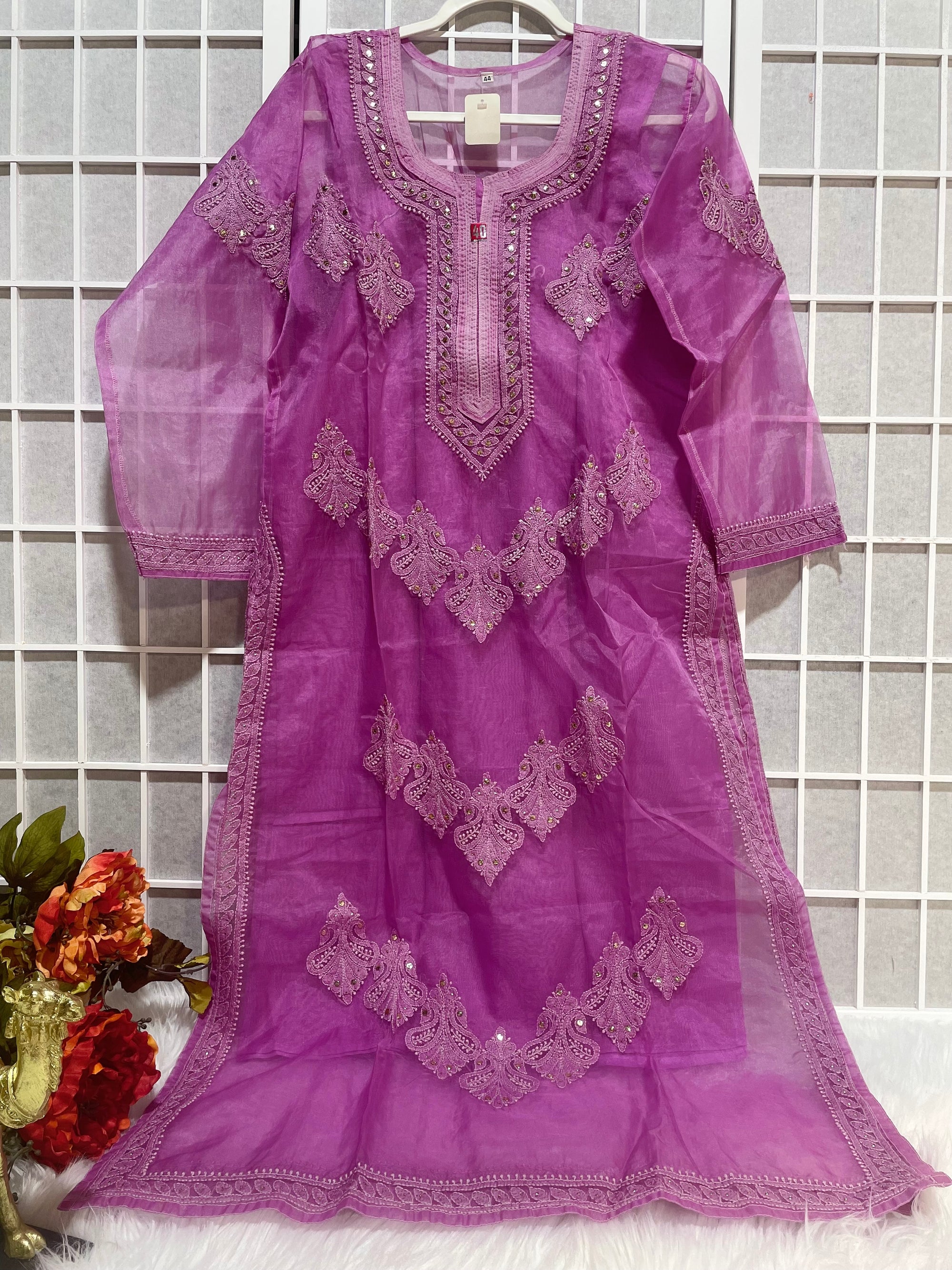 Pink lucknowi chikankari organza kurta