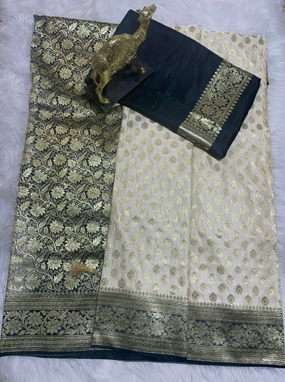 Off-White and Black Saree