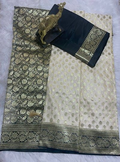 Off-White and Black Saree