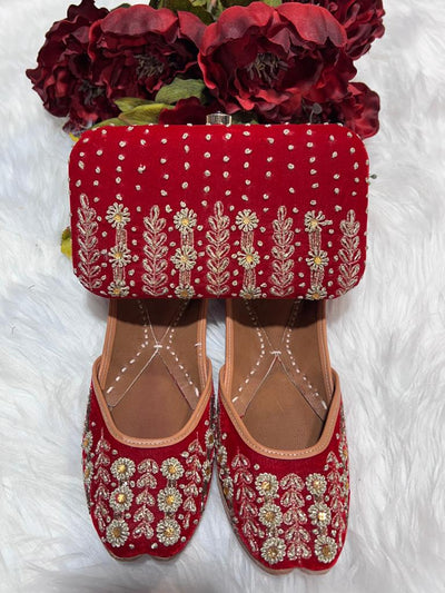 Cardinal red & golden jutti & clutch combo