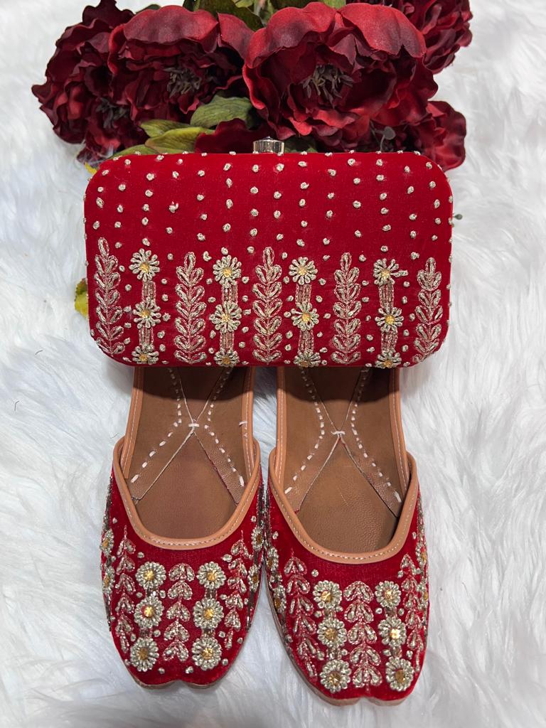 Cardinal red & golden jutti & clutch combo