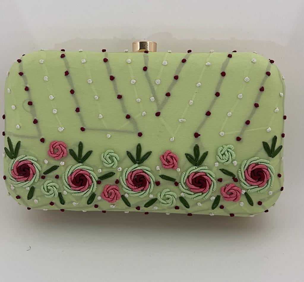 Jasly green embroidered box clutch