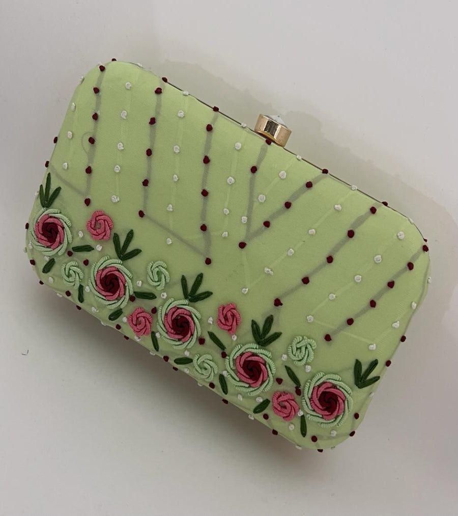 Jasly green embroidered box clutch