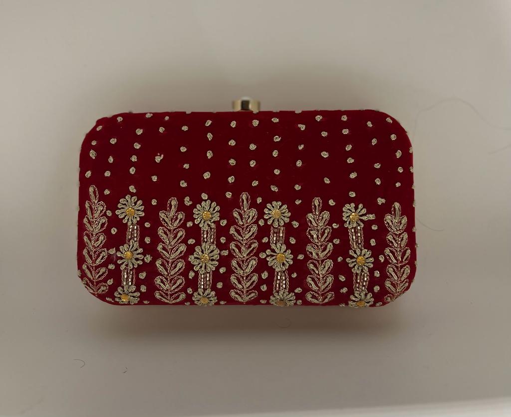 Red Satin Embroidered Box Clutch
