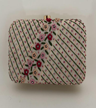 Ivory Silk Blend Thread Embroidered Clutch