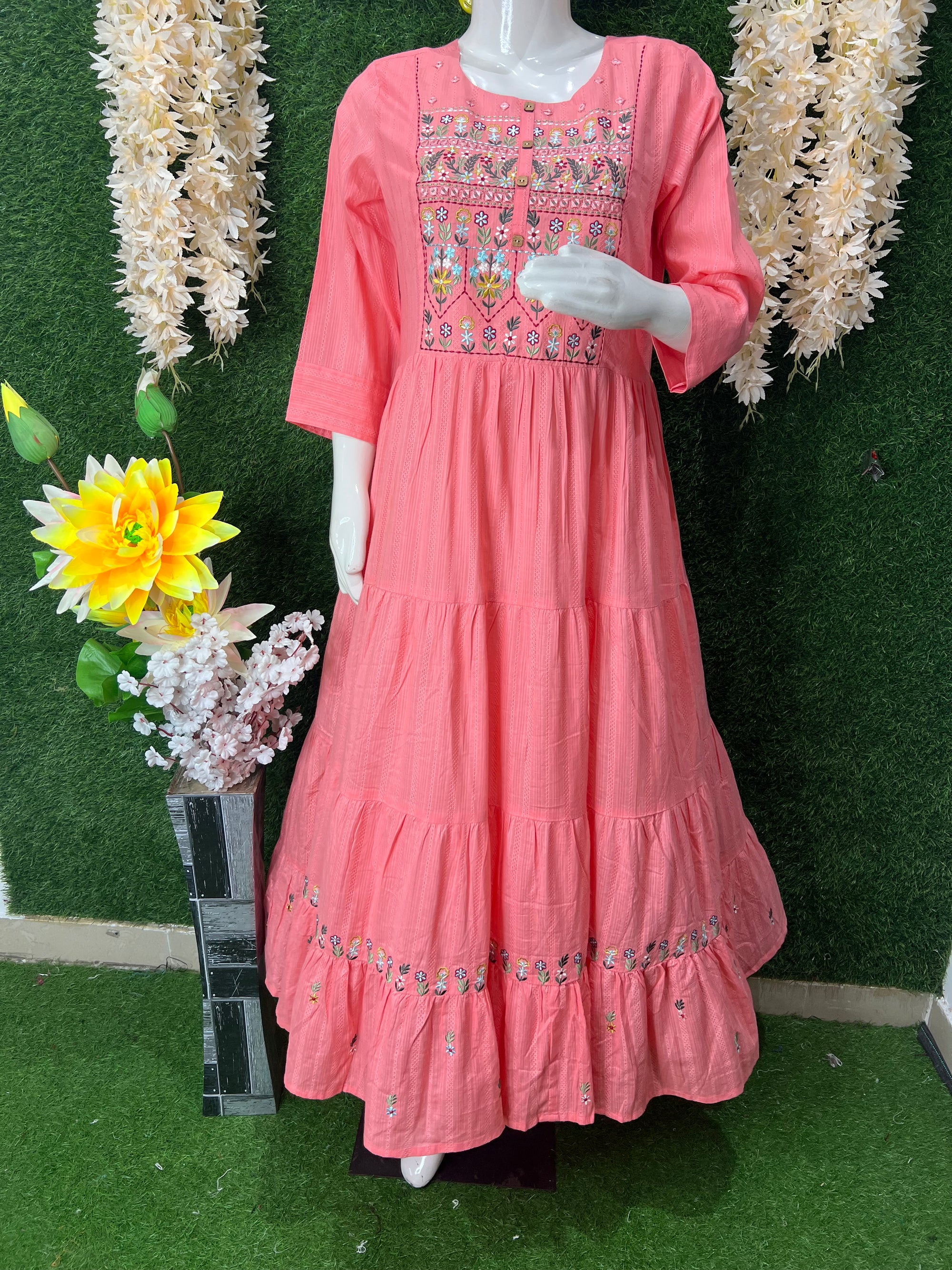 Graceful Cotton Gown with Real Mirror Work & Floral Booti Embroidery