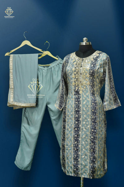 Silk hand embroidered kurta pants & dupatta set