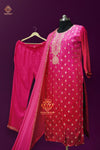 Rani pink banarsi weaved silk kurta pants with chiffon dupatta