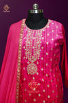 Rani pink banarsi weaved silk kurta pants with chiffon dupatta