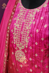 Rani pink banarsi weaved silk kurta pants with chiffon dupatta