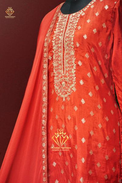 Orange banarsi weaved silk kurta pants with chiffon dupatta