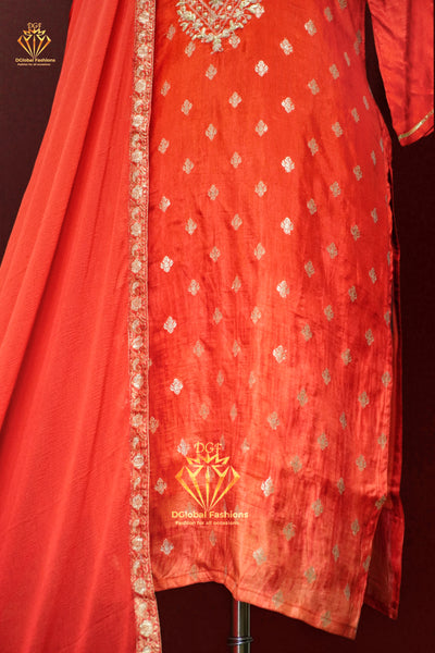 Orange banarsi weaved silk kurta pants with chiffon dupatta