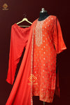 Orange banarsi weaved silk kurta pants with chiffon dupatta