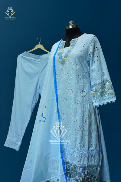 3D embroidered cotton schiffli kurta with pants & dupatta