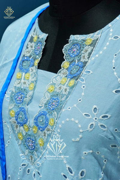 3D embroidered cotton schiffli kurta with pants & dupatta