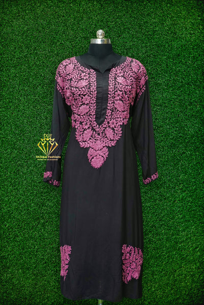 Black modal fabric with colorful 3D chikankari embroidery