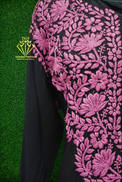 Black modal fabric with colorful 3D chikankari embroidery