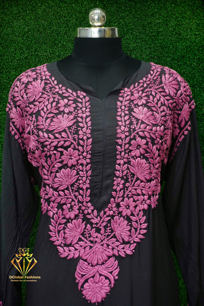 Black modal fabric with colorful 3D chikankari embroidery