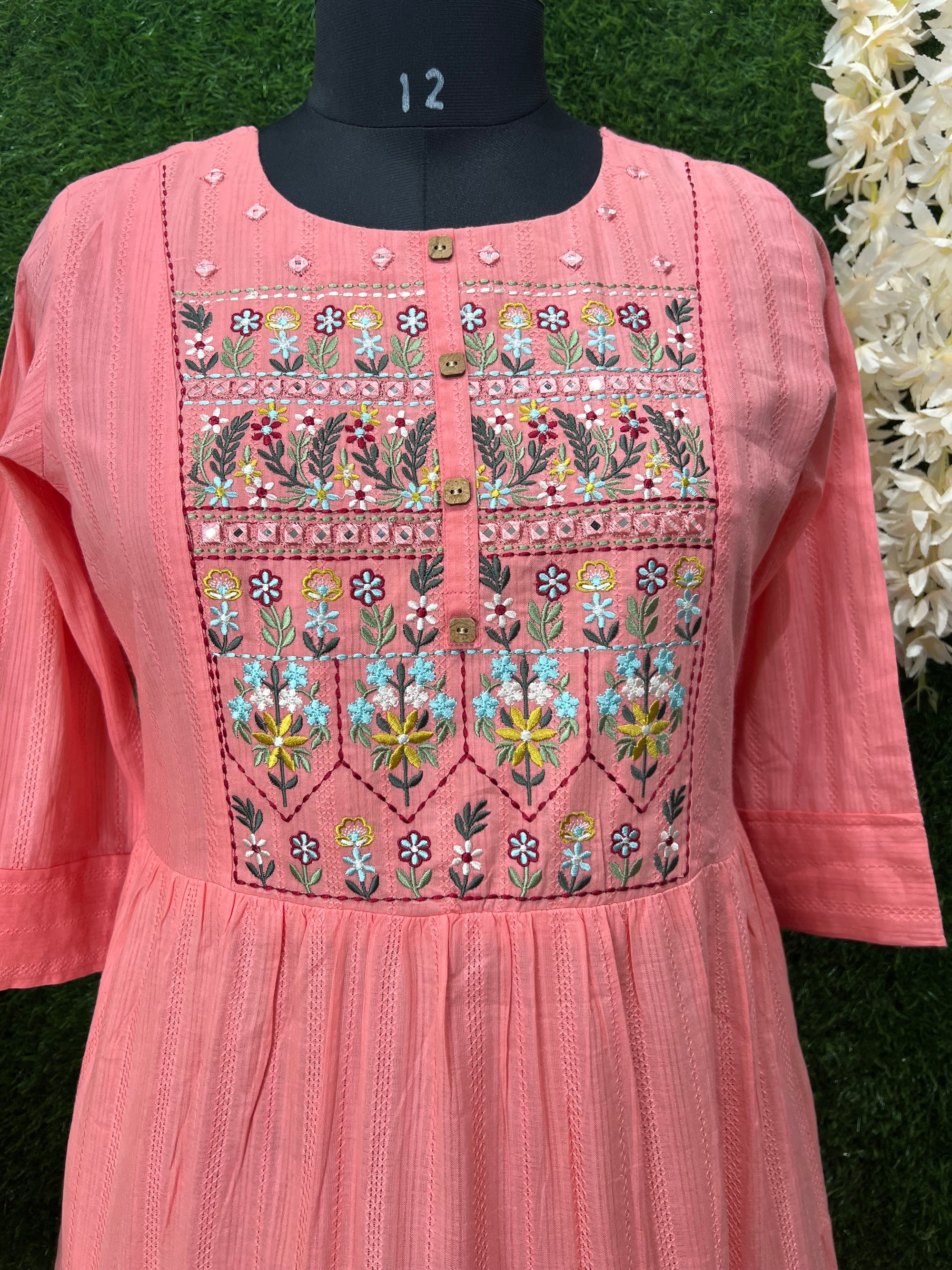 Graceful Cotton Gown with Real Mirror Work & Floral Booti Embroidery