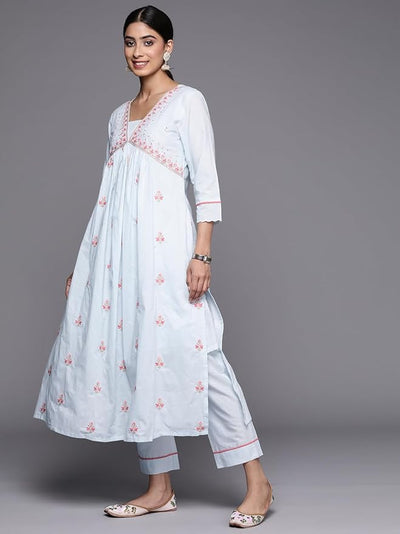 Pastel Blue Cotton Embroidered Straight Kurta Set with Dupatta