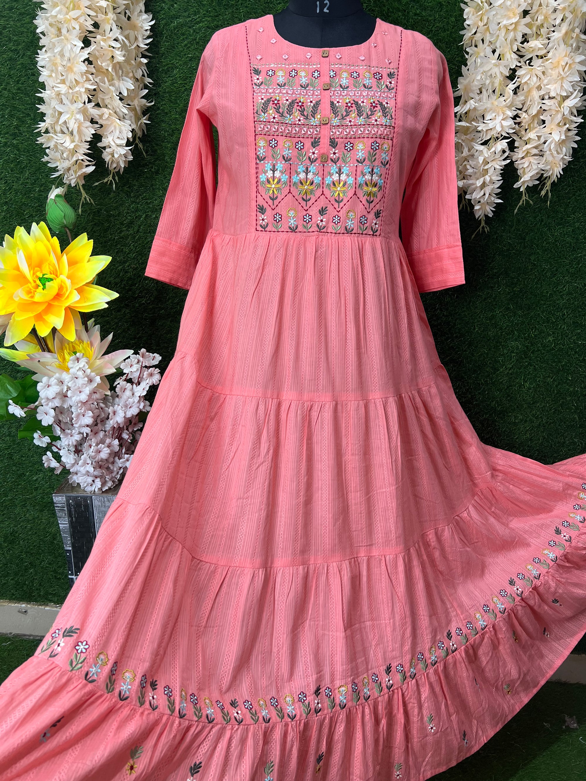 Graceful Cotton Gown with Real Mirror Work & Floral Booti Embroidery