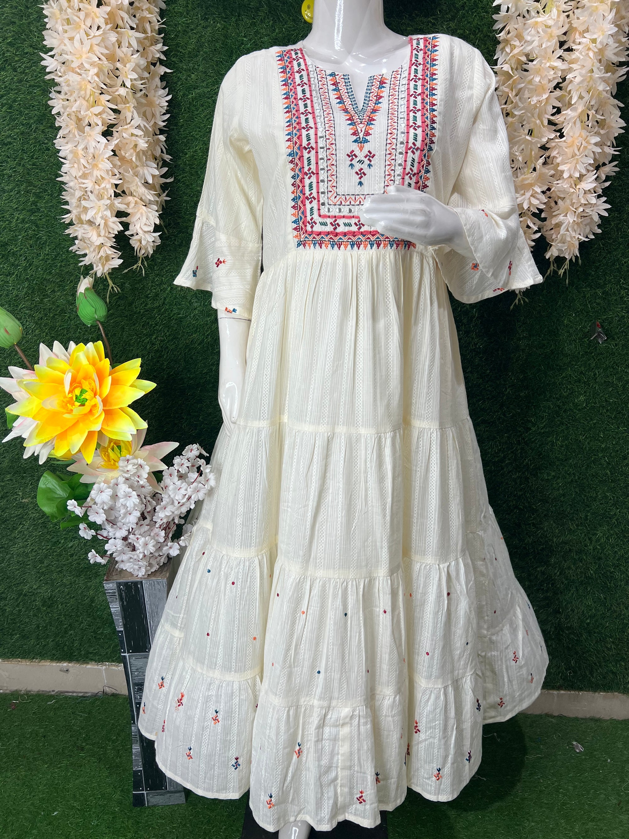 Graceful Cotton Gown with Real Mirror Work & Floral Booti Embroidery