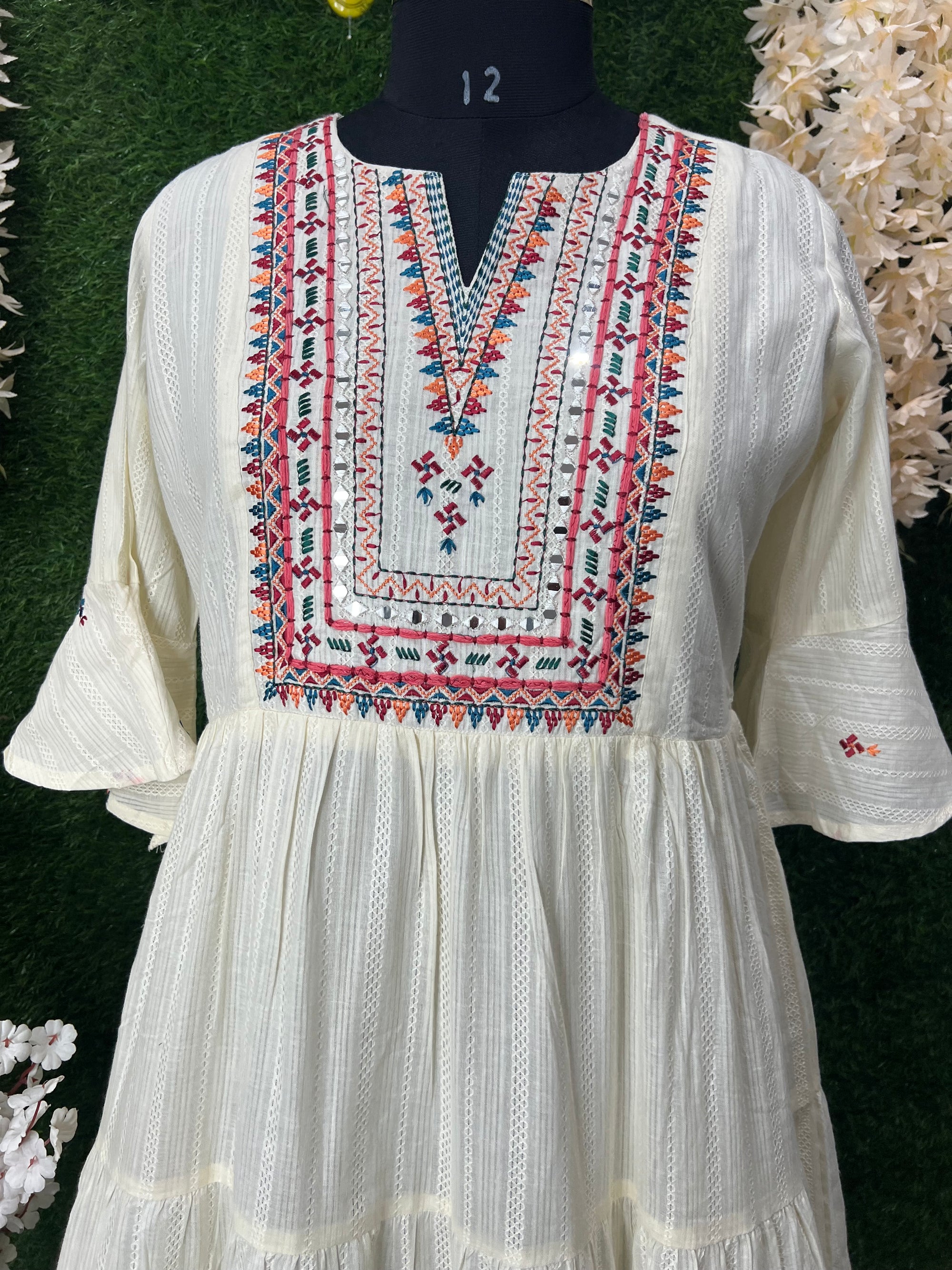 Graceful Cotton Gown with Real Mirror Work & Floral Booti Embroidery