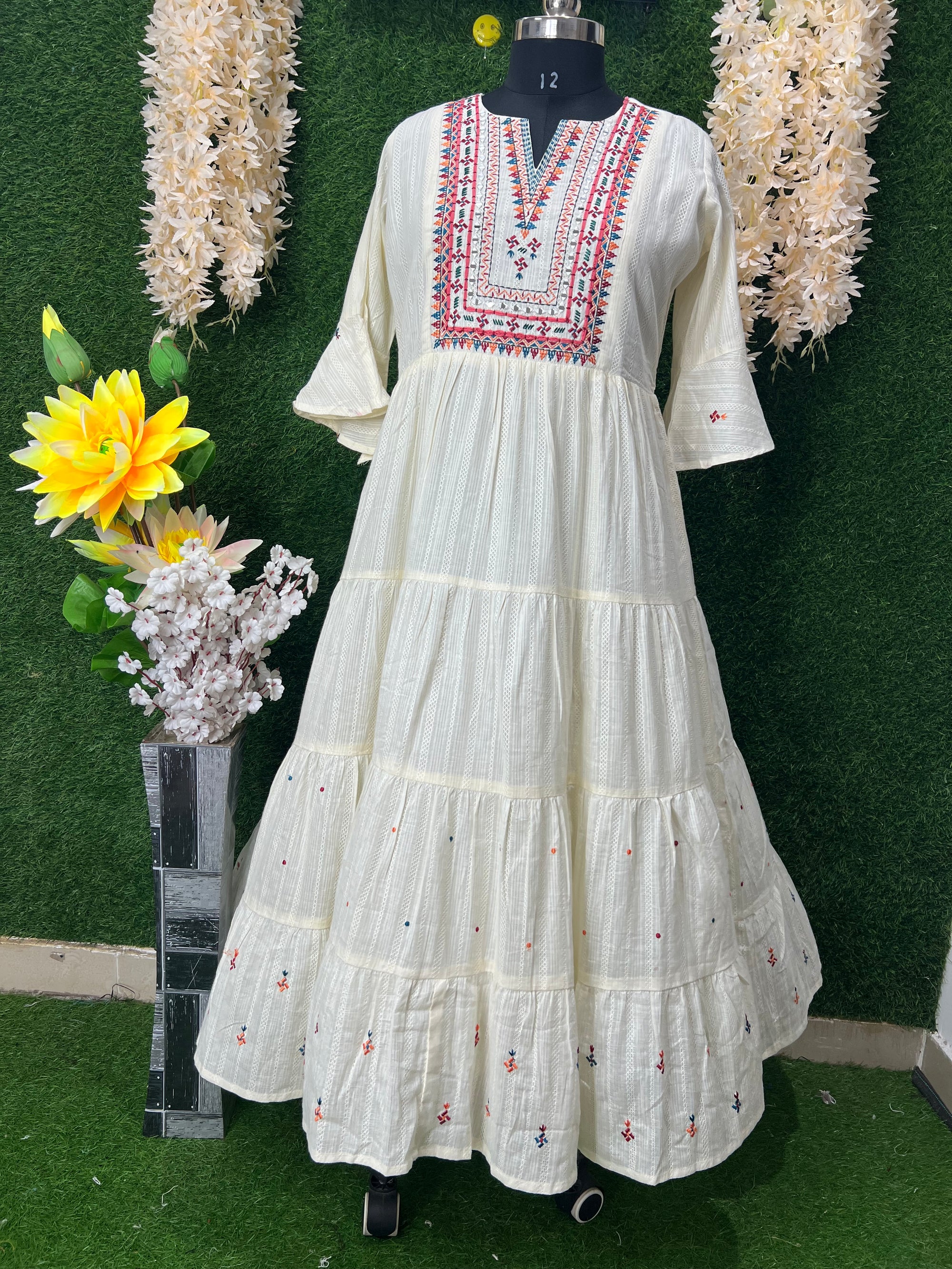 Graceful Cotton Gown with Real Mirror Work & Floral Booti Embroidery