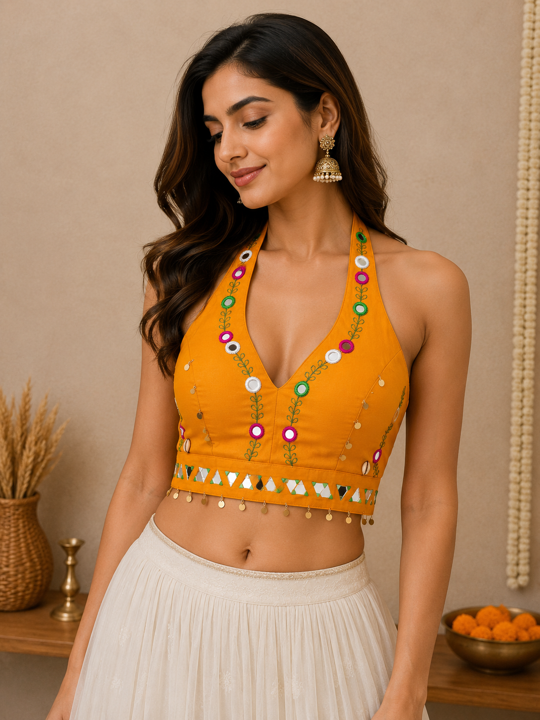 Mirror Work Halter Neck Blouse