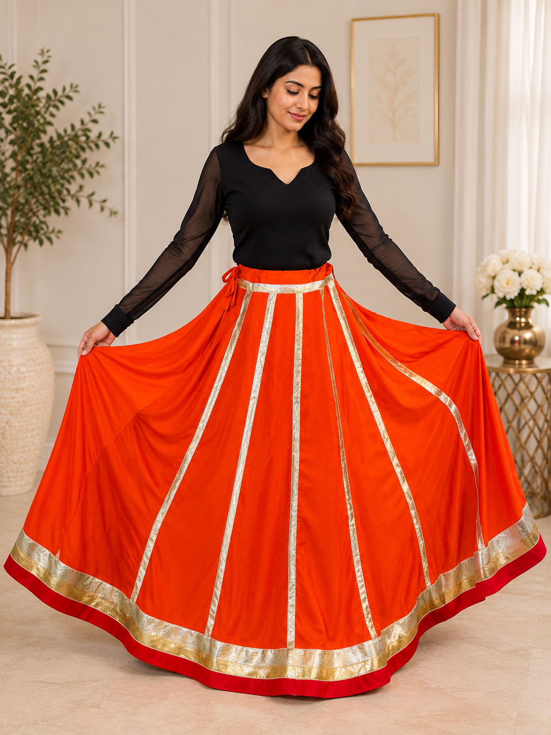 Flared Skirt with Golden Detailing & Red Border