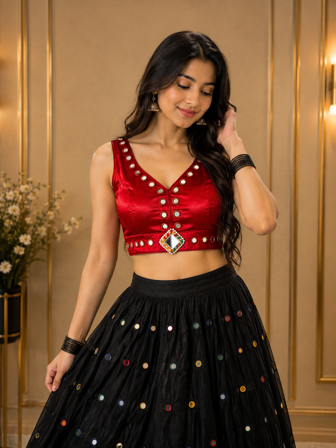 Gajji Silk Mirror Work V-Neck Blouse