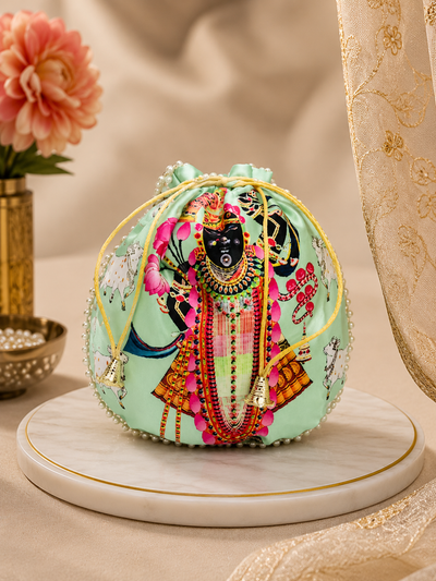 Shrinathji Digital Print Potli Bag for Women – Traditional Shagun Pouch with Pearl Handle | Wedding & Housewarming Gift