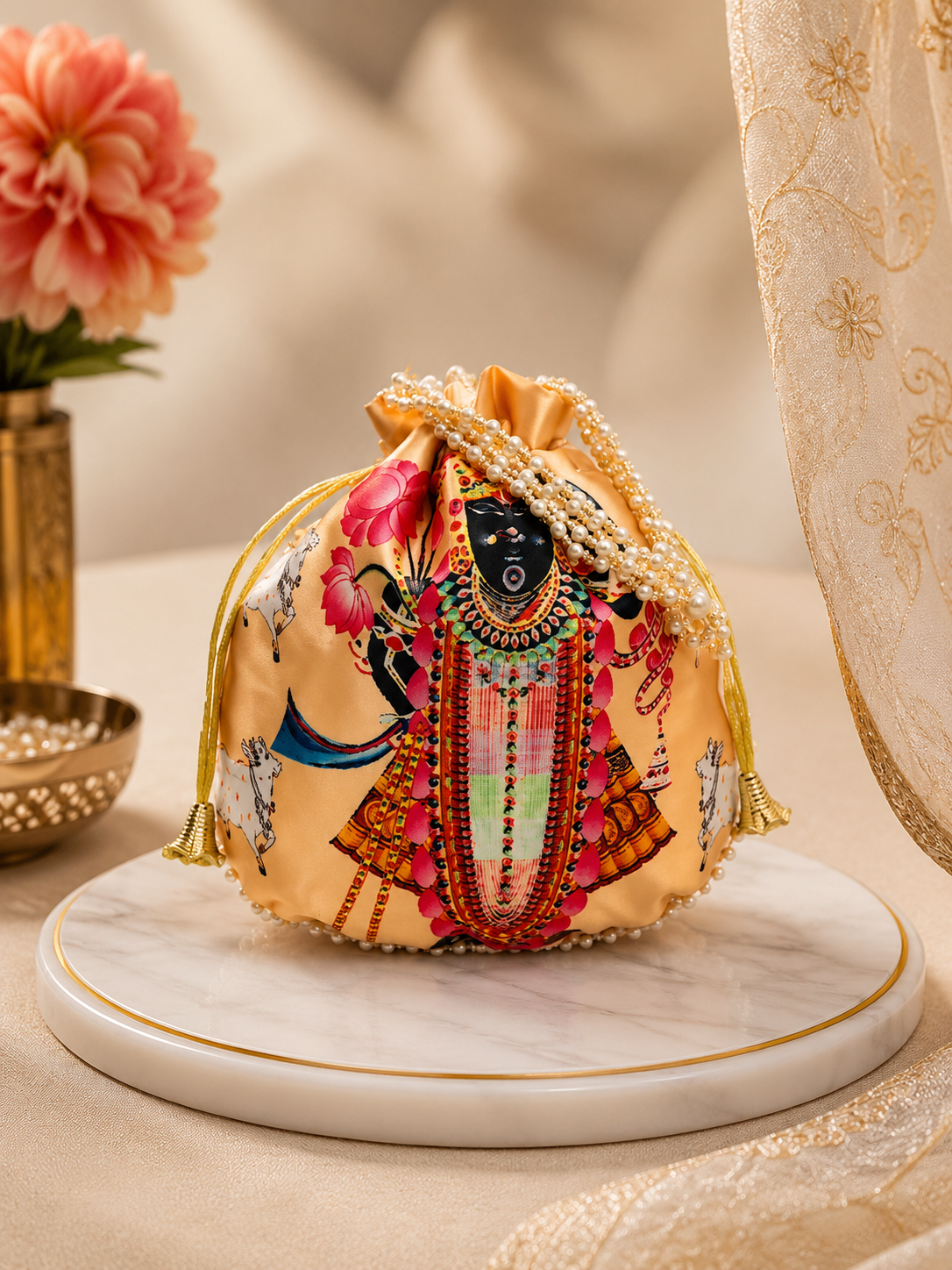 Shrinathji Digital Print Potli Bag for Women – Traditional Shagun Pouch with Pearl Handle | Wedding & Housewarming Gift