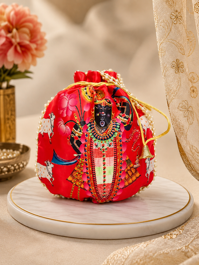 Shrinathji Digital Print Potli Bag for Women – Traditional Shagun Pouch with Pearl Handle | Wedding & Housewarming Gift