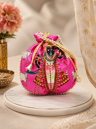 Shrinathji Digital Print Potli Bag for Women – Traditional Shagun Pouch with Pearl Handle | Wedding & Housewarming Gift